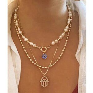 Gold Tone Hamsa Multilayer Necklace